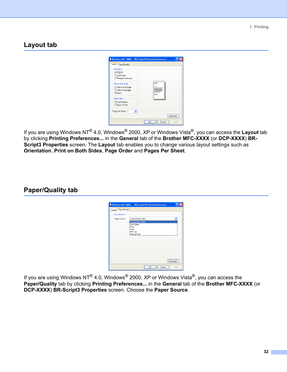 Layout tab, Paper/quality tab, Layout tab paper/quality tab | Brother MFC-8460N User Manual | Page 38 / 194