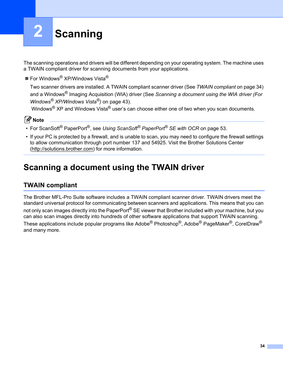 2 scanning, Scanning a document using the twain driver, Twain compliant | Scanning | Brother MFC-8460N User Manual | Page 40 / 194