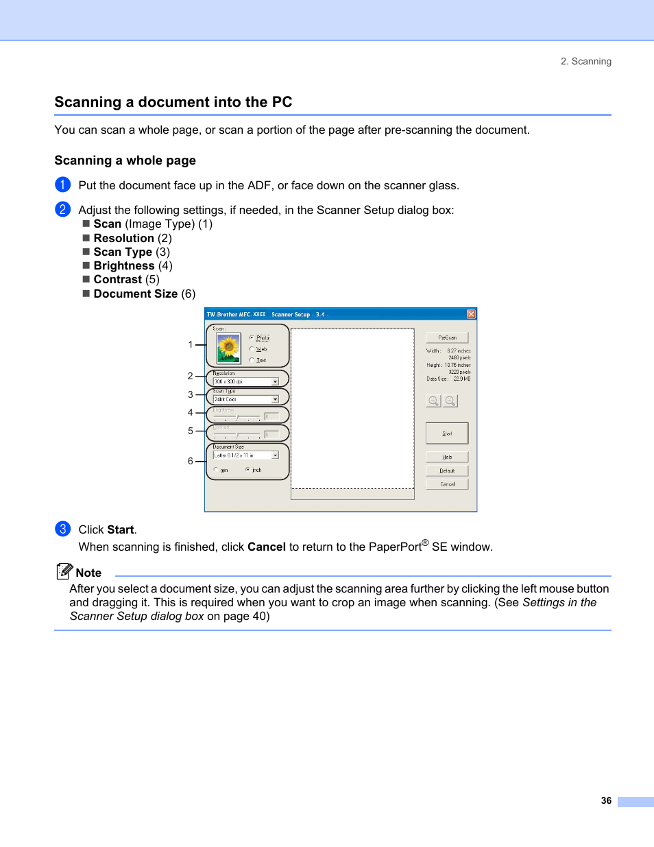 Scanning a document into the pc | Brother MFC-8460N User Manual | Page 42 / 194