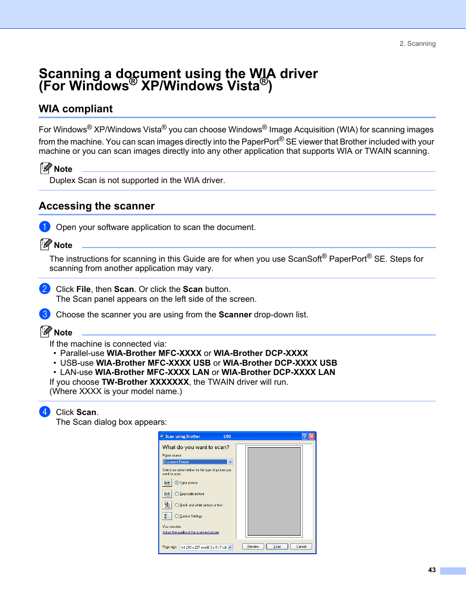 Wia compliant, Accessing the scanner, Xp/windows vista | Wia compliant accessing the scanner, Scanning a document using the wia driver (for, Windows | Brother MFC-8460N User Manual | Page 49 / 194