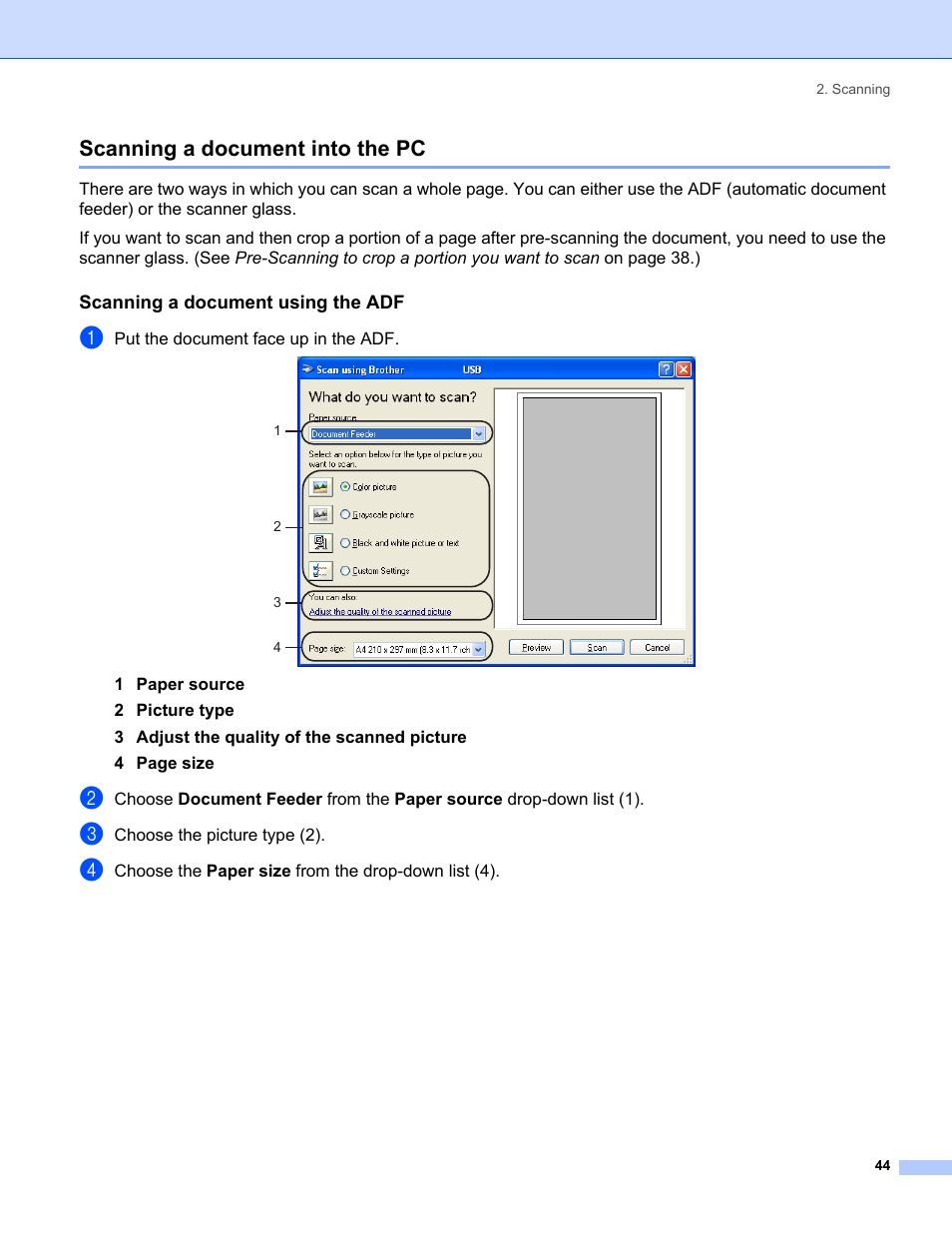 Scanning a document into the pc, Scanning a document using the adf | Brother MFC-8460N User Manual | Page 50 / 194