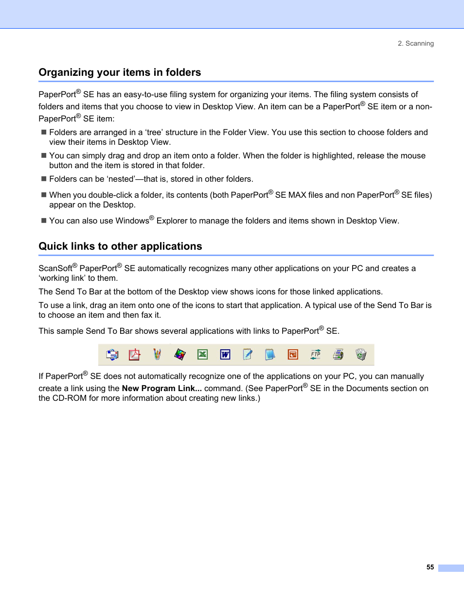 Organizing your items in folders, Quick links to other applications | Brother MFC-8460N User Manual | Page 61 / 194