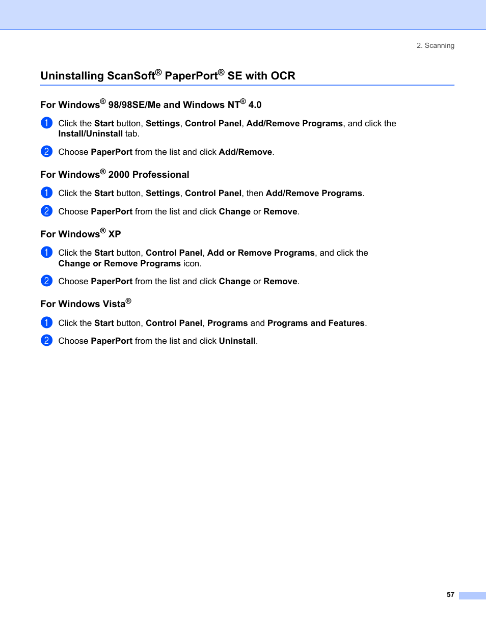 Uninstalling scansoft® paperport® se with ocr, For windows® 98/98se/me and windows nt® 4.0, For windows® 2000 professional | For windows® xp, For windows vista, Uninstalling scansoft, Paperport, Se with ocr | Brother MFC-8460N User Manual | Page 63 / 194