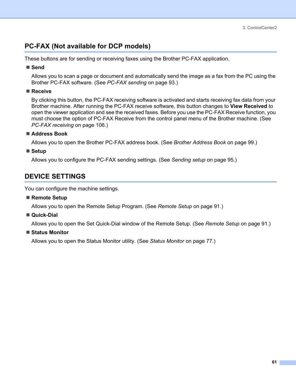 Pc-fax (not available for dcp models), Device settings | Brother MFC-8460N User Manual | Page 67 / 194