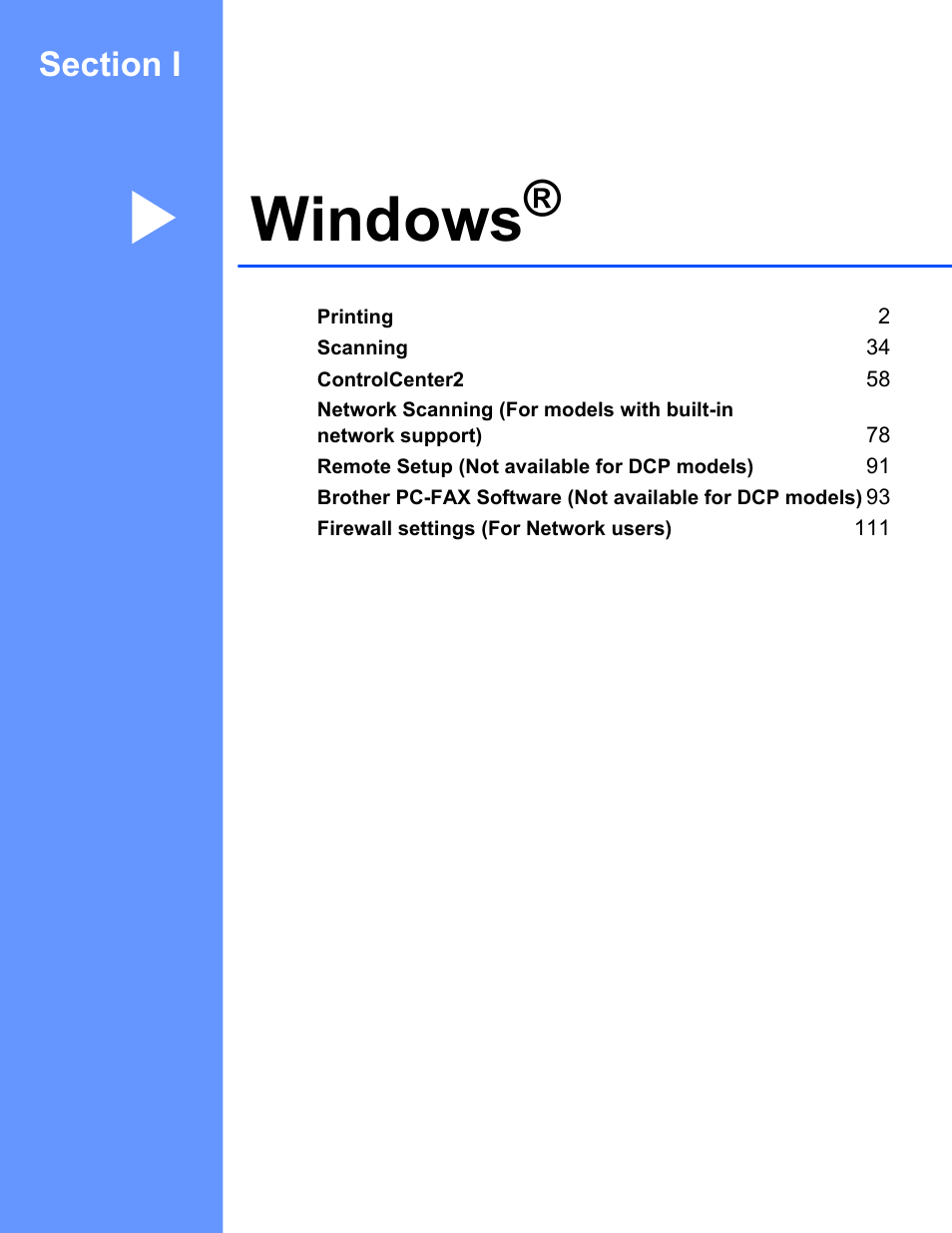 Section i: windows, Section i windows, Windows | Brother MFC-8460N User Manual | Page 7 / 194