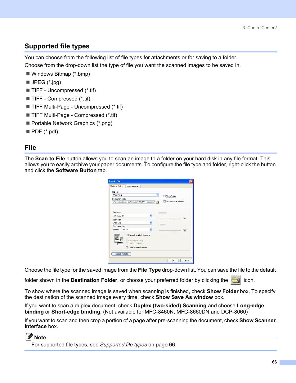 Supported file types, File, Supported file types file | Brother MFC-8460N User Manual | Page 72 / 194