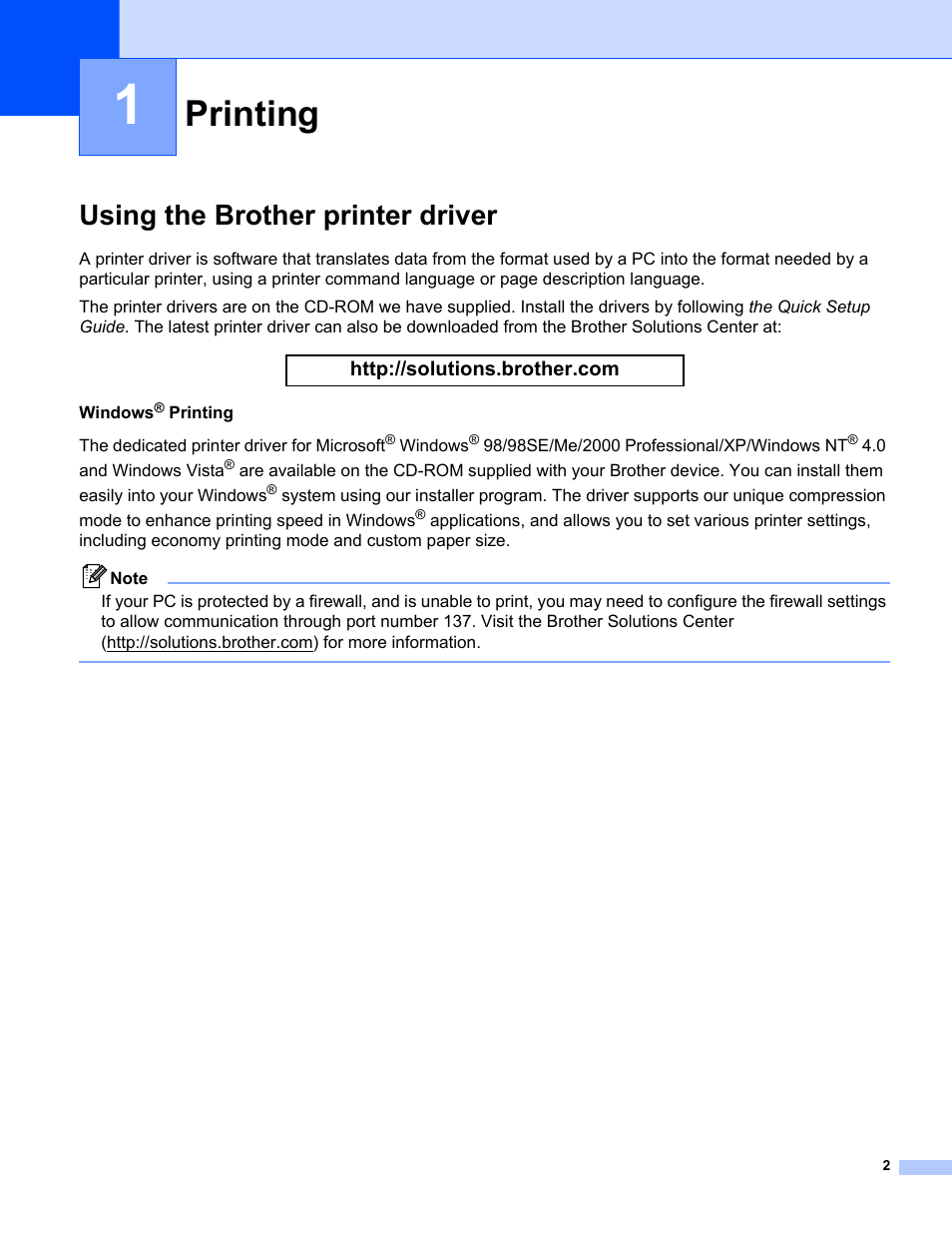 1 printing, Using the brother printer driver, Printing | Brother MFC-8460N User Manual | Page 8 / 194