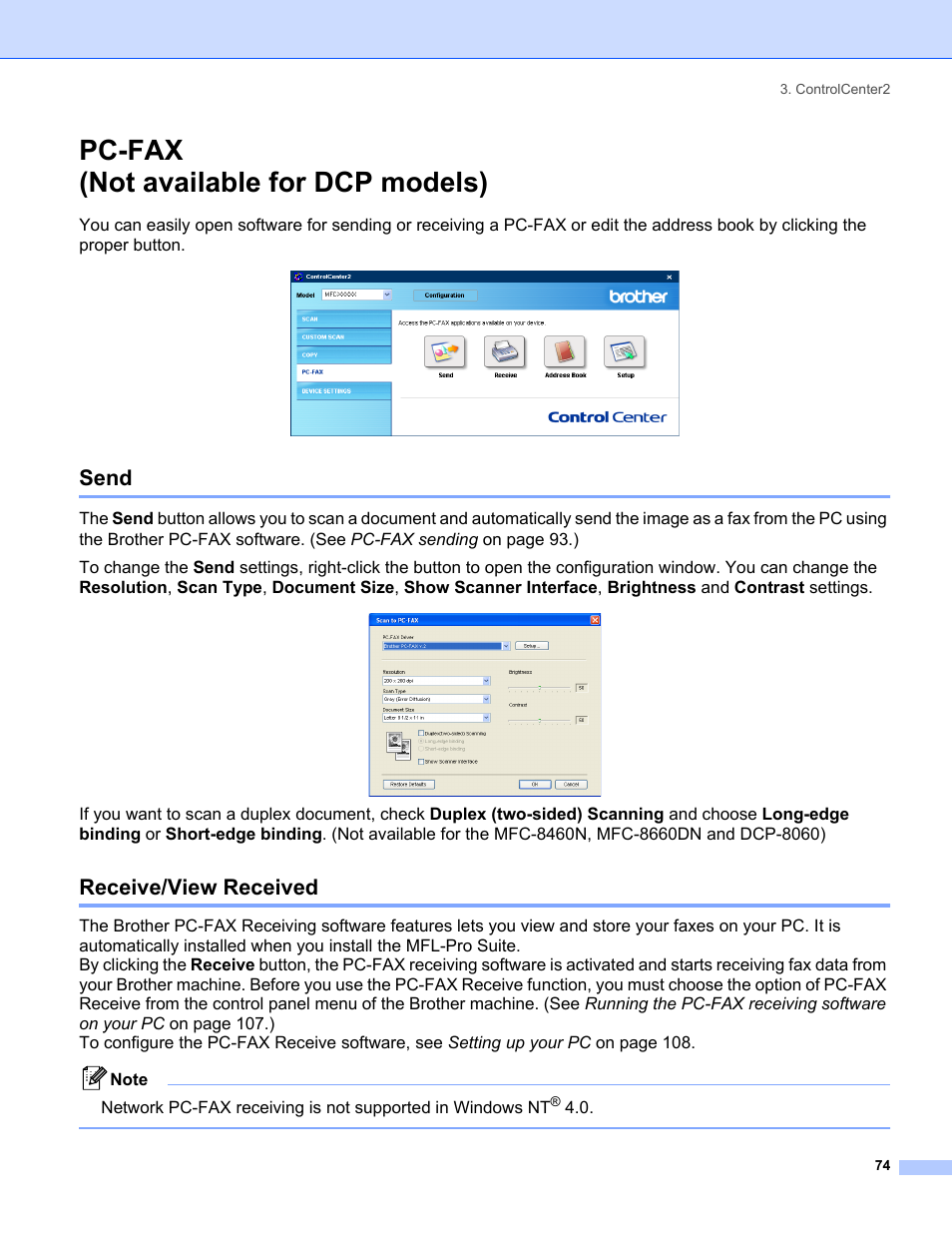 Pc-fax (not available for dcp models), Send, Receive/view received | Send receive/view received | Brother MFC-8460N User Manual | Page 80 / 194