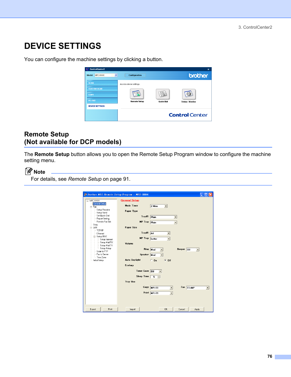 Device settings, Remote setup (not available for dcp models) | Brother MFC-8460N User Manual | Page 82 / 194