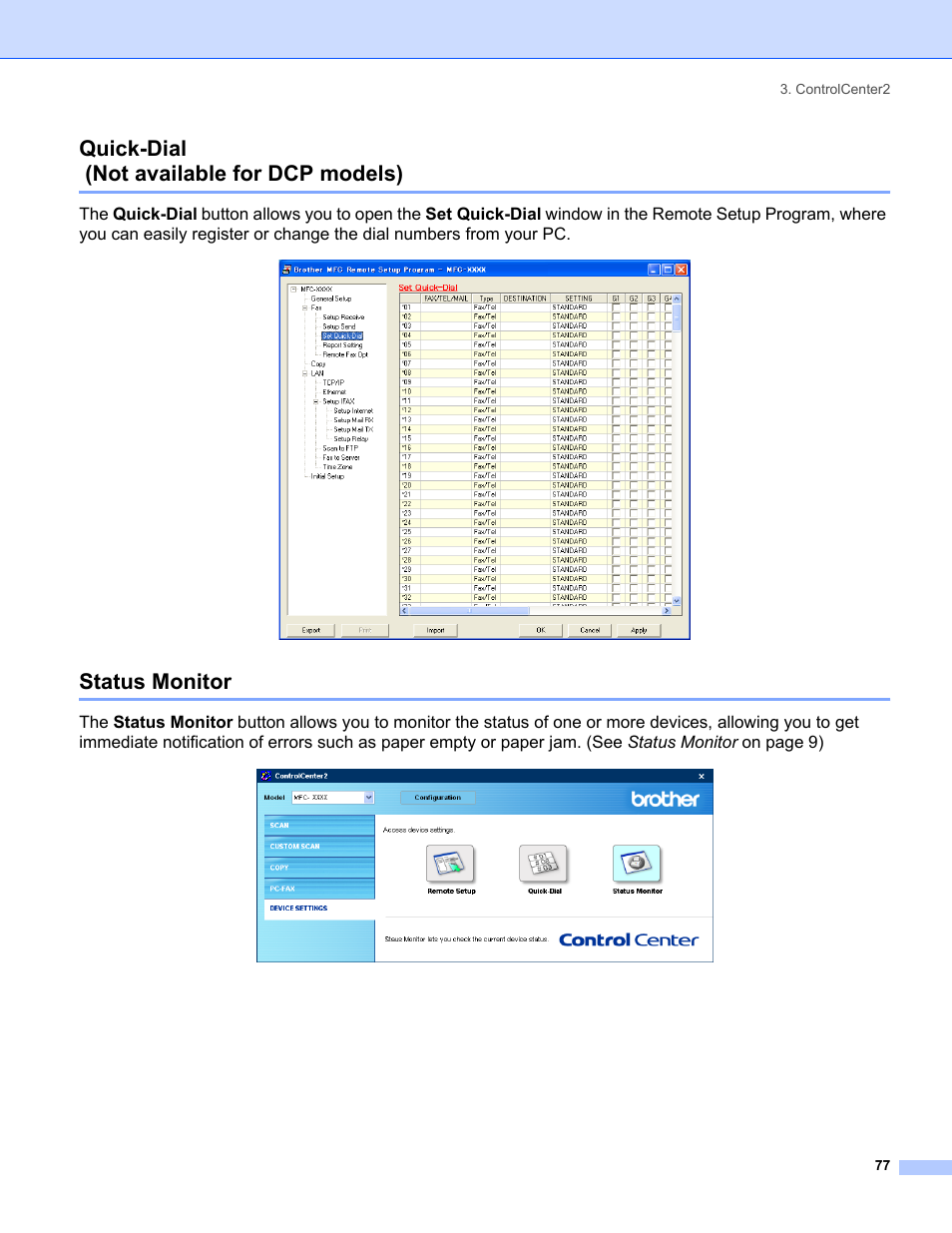 Quick-dial (not available for dcp models), Status monitor | Brother MFC-8460N User Manual | Page 83 / 194