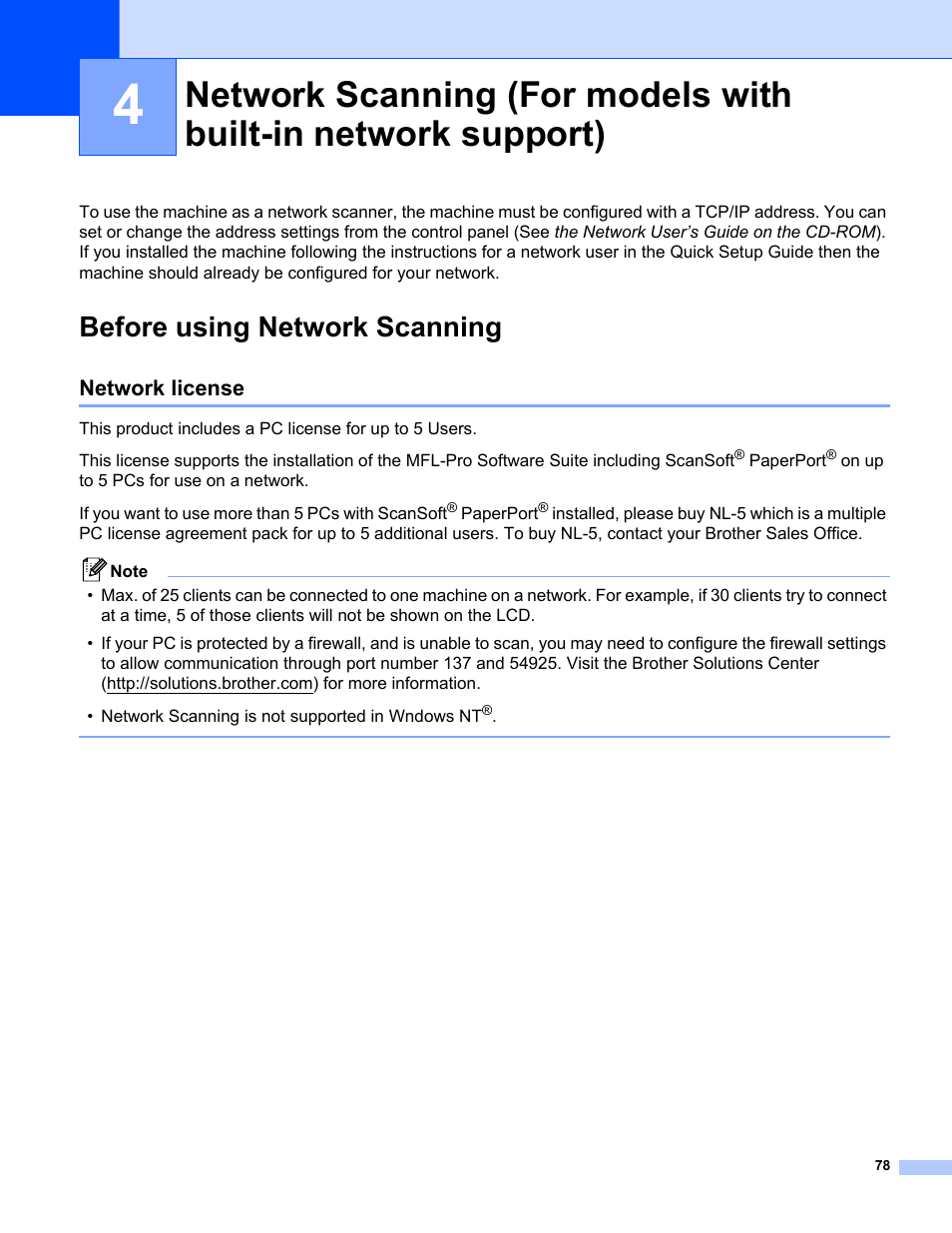 Before using network scanning, Network license | Brother MFC-8460N User Manual | Page 84 / 194