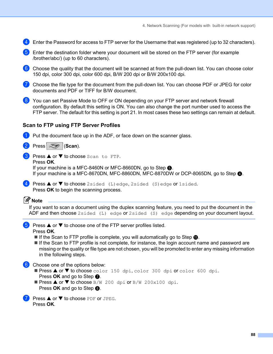 Scan to ftp using ftp server profiles | Brother MFC-8460N User Manual | Page 94 / 194