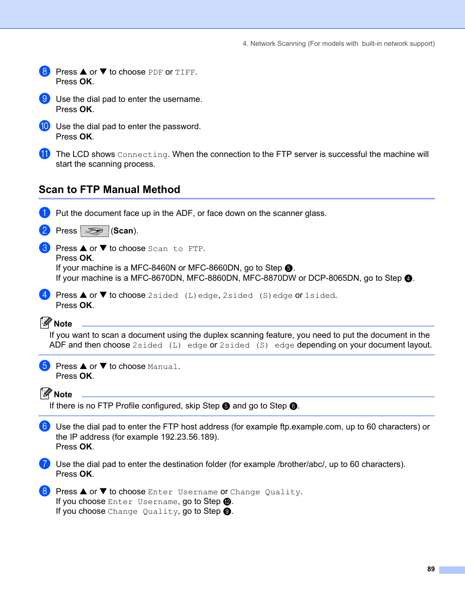Scan to ftp manual method, Step k | Brother MFC-8460N User Manual | Page 95 / 194