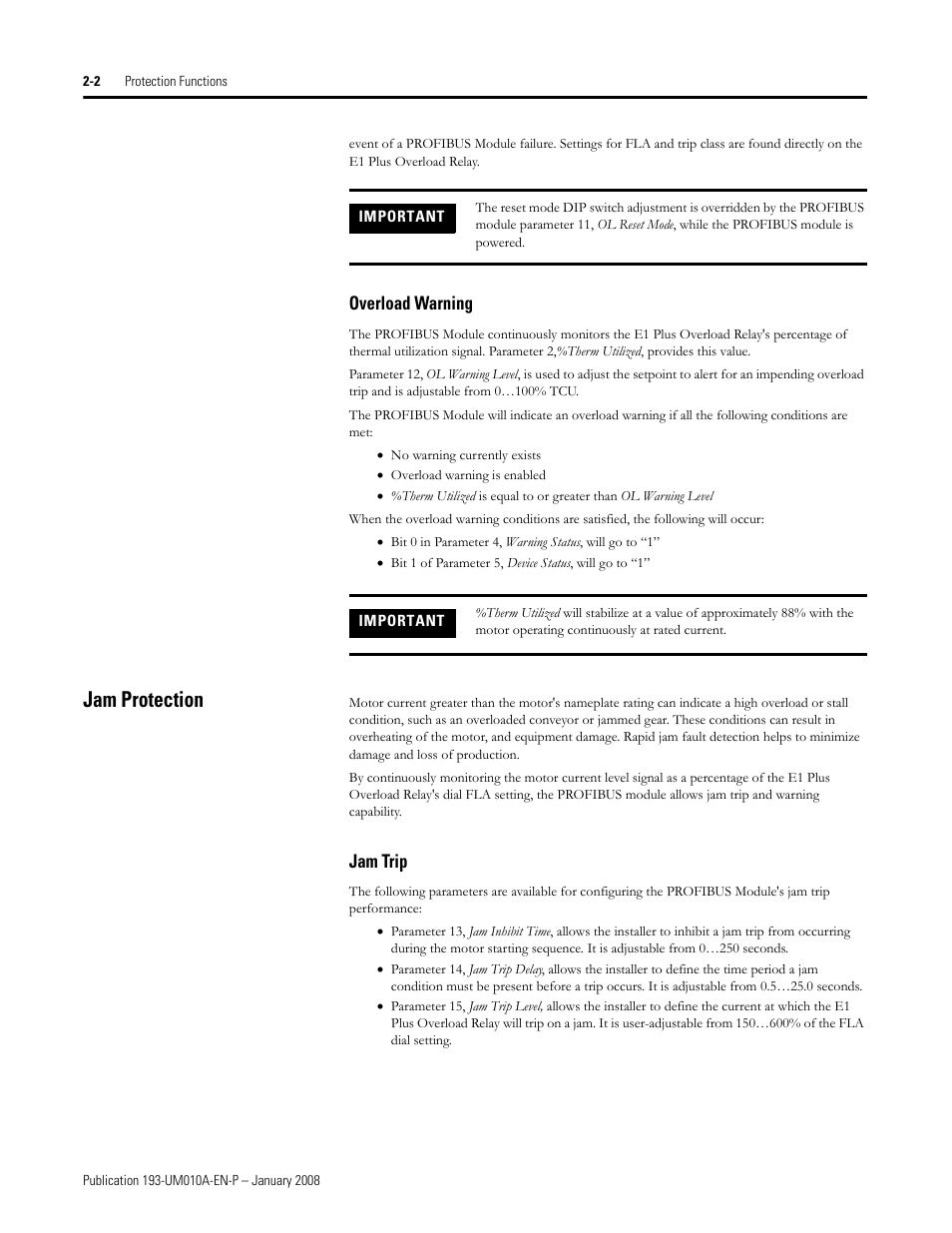 Jam protection | Rockwell Automation 193-EPRB Profibus Side Mount Module for the E1 Plus Overload Relay User Manual User Manual | Page 10 / 40