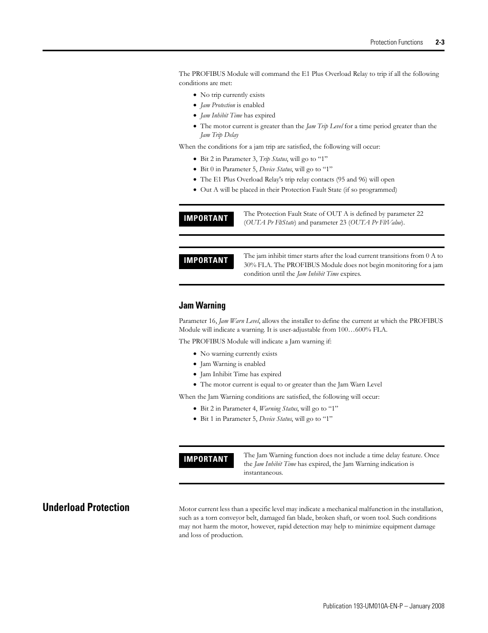 Underload protection | Rockwell Automation 193-EPRB Profibus Side Mount Module for the E1 Plus Overload Relay User Manual User Manual | Page 11 / 40