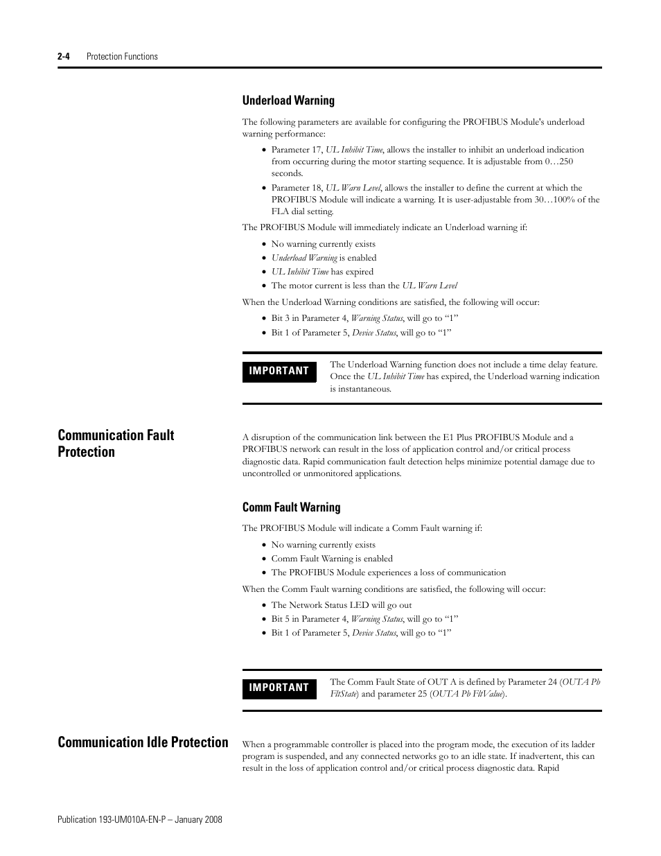 Communication fault protection, Communication idle protection | Rockwell Automation 193-EPRB Profibus Side Mount Module for the E1 Plus Overload Relay User Manual User Manual | Page 12 / 40