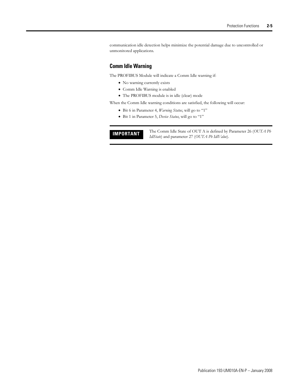 Comm idle warning | Rockwell Automation 193-EPRB Profibus Side Mount Module for the E1 Plus Overload Relay User Manual User Manual | Page 13 / 40