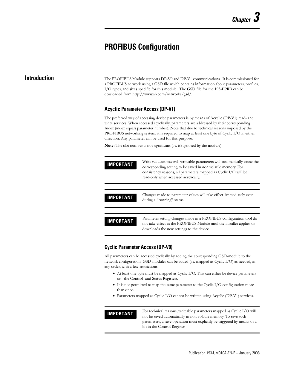 Profibus configuration, Chapter, Introduction | Rockwell Automation 193-EPRB Profibus Side Mount Module for the E1 Plus Overload Relay User Manual User Manual | Page 15 / 40