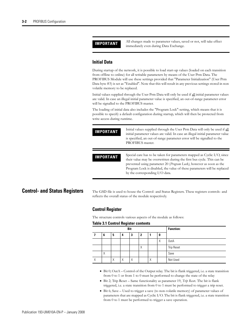 Control- and status registers, Initial data, Control register | Rockwell Automation 193-EPRB Profibus Side Mount Module for the E1 Plus Overload Relay User Manual User Manual | Page 16 / 40