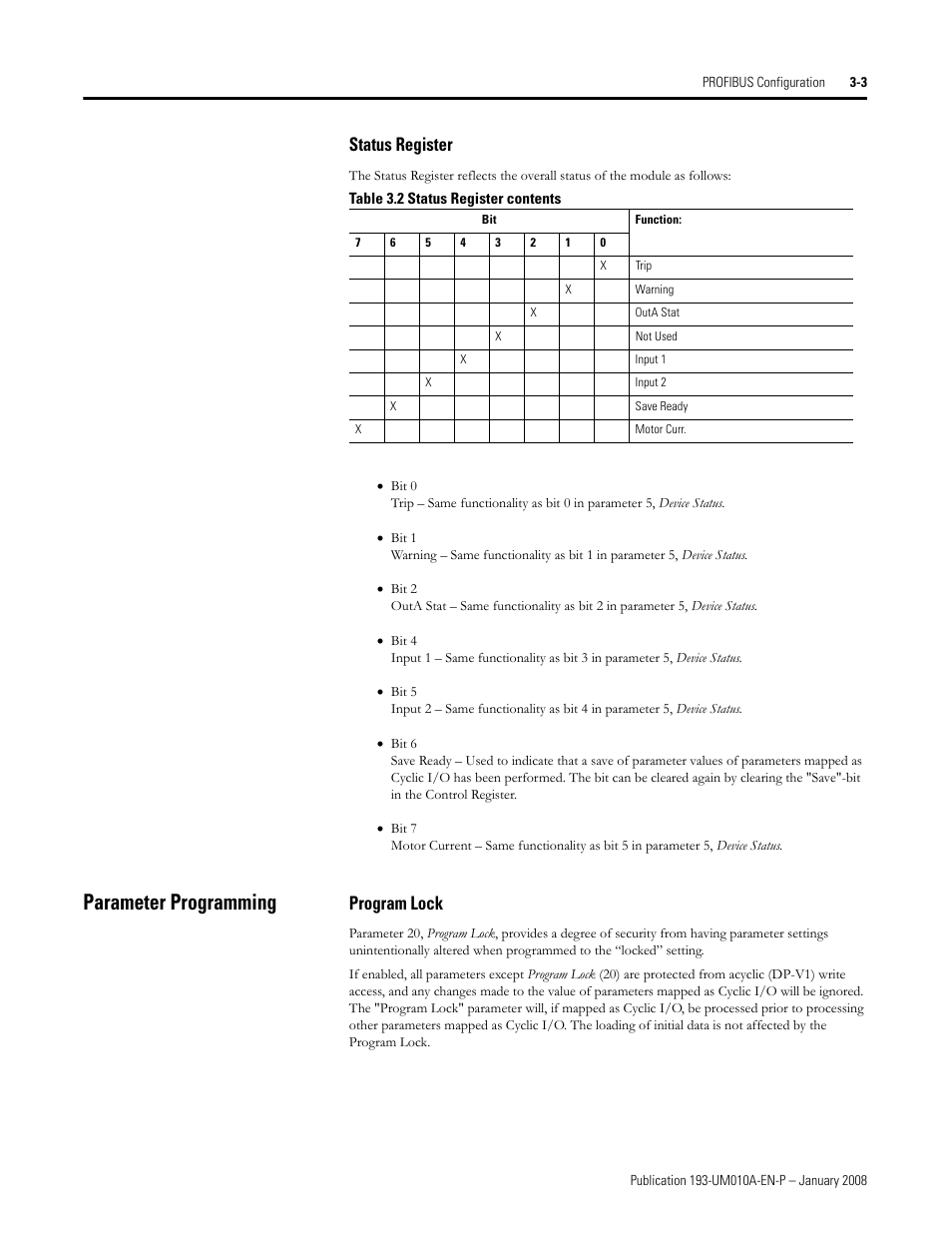 Parameter programming, Status register, Program lock | Rockwell Automation 193-EPRB Profibus Side Mount Module for the E1 Plus Overload Relay User Manual User Manual | Page 17 / 40