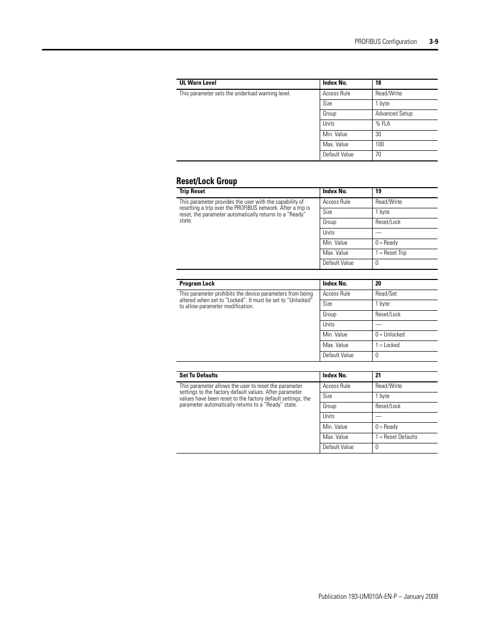 Reset/lock group | Rockwell Automation 193-EPRB Profibus Side Mount Module for the E1 Plus Overload Relay User Manual User Manual | Page 23 / 40
