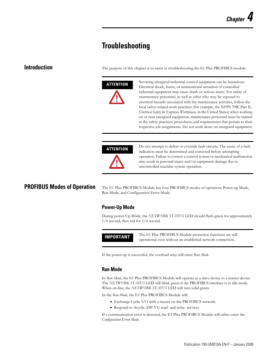 Troubleshooting, Chapter, Introduction | Profibus modes of operation | Rockwell Automation 193-EPRB Profibus Side Mount Module for the E1 Plus Overload Relay User Manual User Manual | Page 27 / 40