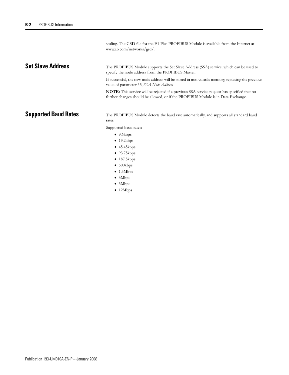 Set slave address, Supported baud rates | Rockwell Automation 193-EPRB Profibus Side Mount Module for the E1 Plus Overload Relay User Manual User Manual | Page 36 / 40
