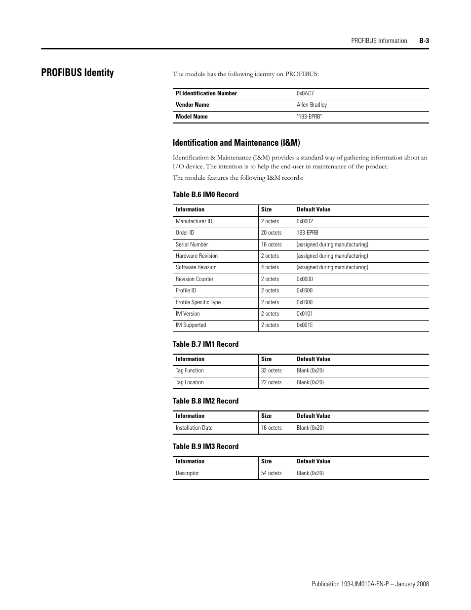 Profibus identity, Identification and maintenance (i&m) | Rockwell Automation 193-EPRB Profibus Side Mount Module for the E1 Plus Overload Relay User Manual User Manual | Page 37 / 40