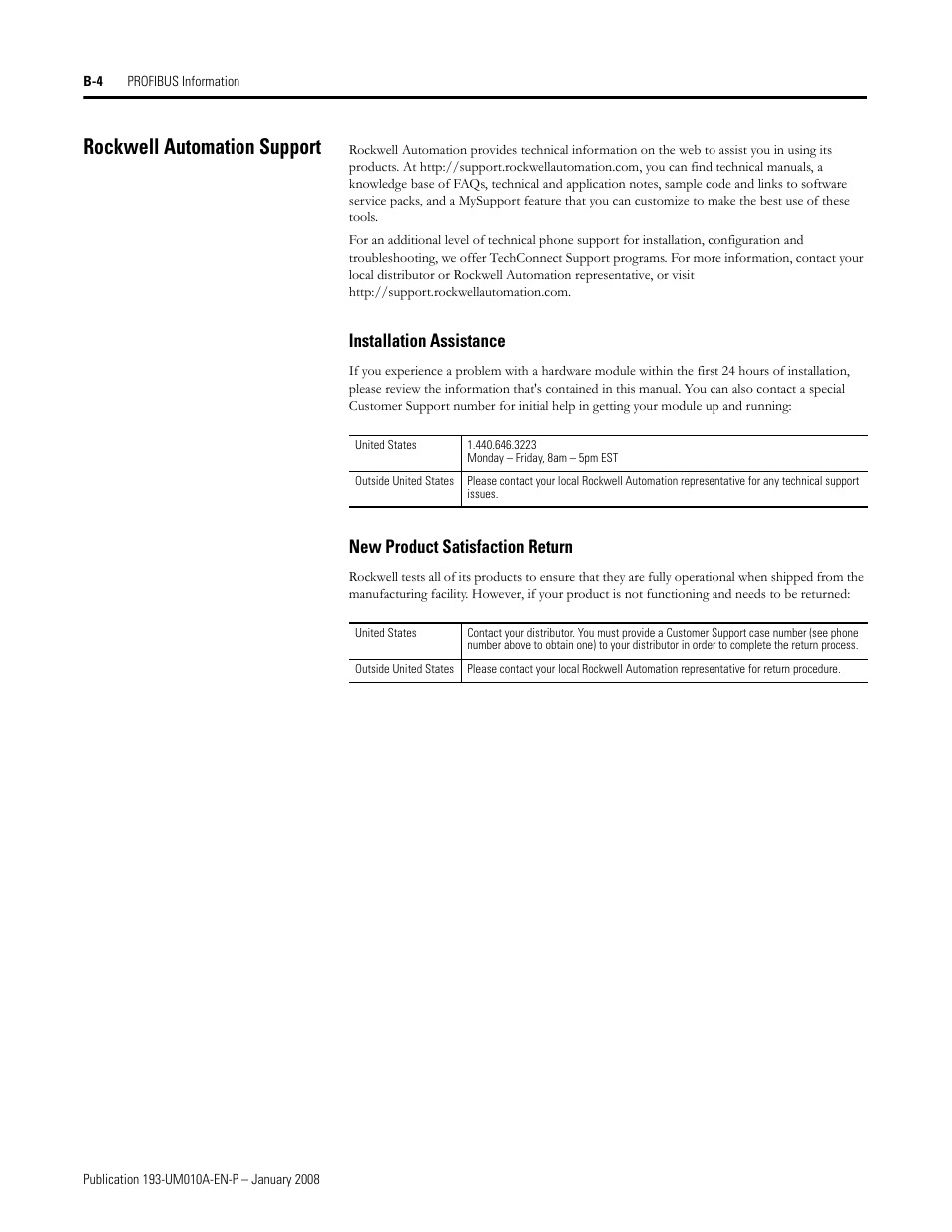 Rockwell automation support, Installation assistance, New product satisfaction return | Rockwell Automation 193-EPRB Profibus Side Mount Module for the E1 Plus Overload Relay User Manual User Manual | Page 38 / 40