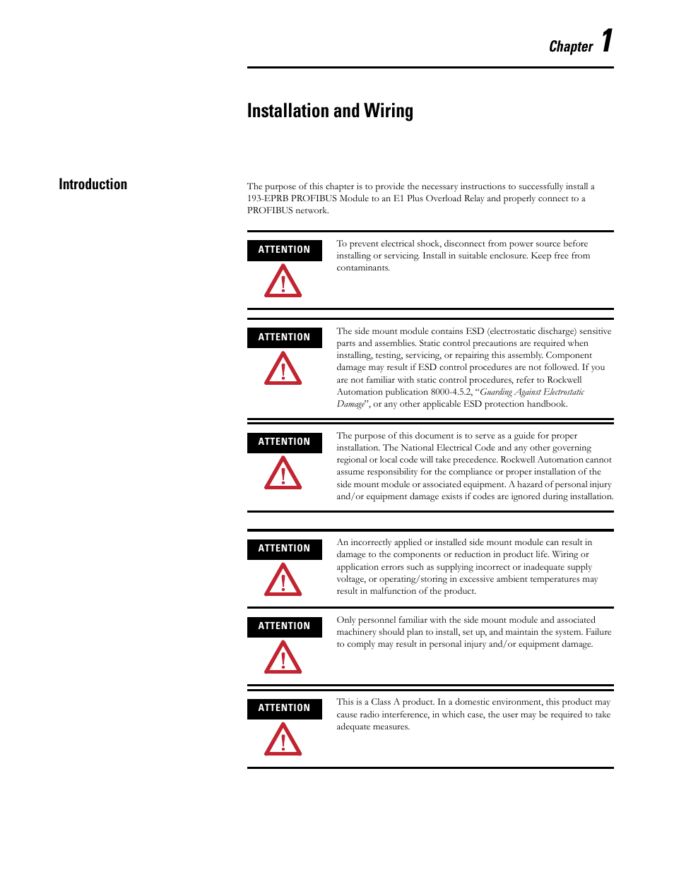 Installation and wiring, Chapter, Introduction | Rockwell Automation 193-EPRB Profibus Side Mount Module for the E1 Plus Overload Relay User Manual User Manual | Page 5 / 40