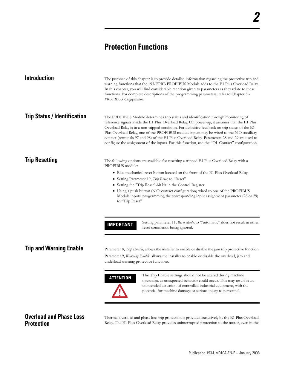 Protection functions | Rockwell Automation 193-EPRB Profibus Side Mount Module for the E1 Plus Overload Relay User Manual User Manual | Page 9 / 40