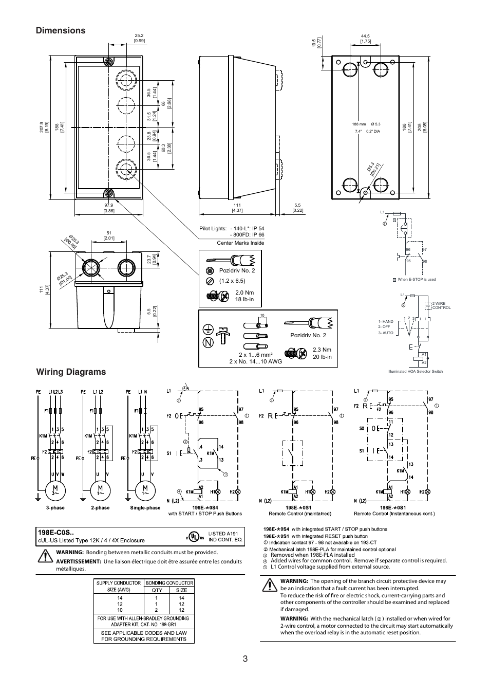 Dimensions wiring diagrams | Rockwell Automation 198E-C0Sxx Plastic Encl. for DOL Starters User Manual | Page 3 / 4