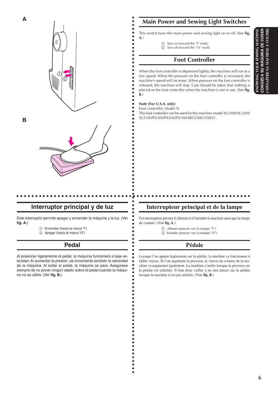 Main power and sewing light switches, Foot controller, Interruptor principal y de luz | Pedal, Interrupteur principal et de la lampe, Pédale | Brother XL5300 User Manual | Page 15 / 88