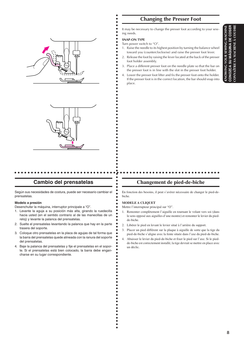 Changing the presser foot, Cambio del prensatelas, Changement de pied-de-biche | Brother XL5300 User Manual | Page 17 / 88
