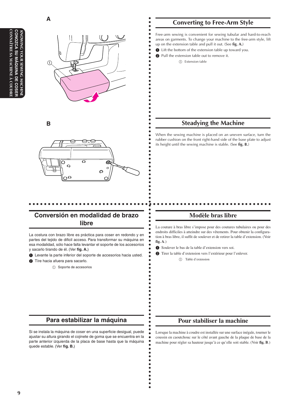 Converting to free-arm style, Steadying the machine, Conversión en modalidad de brazo libre | Para estabilizar la máquina, Modèle bras libre, Pour stabiliser la machine | Brother XL5300 User Manual | Page 18 / 88
