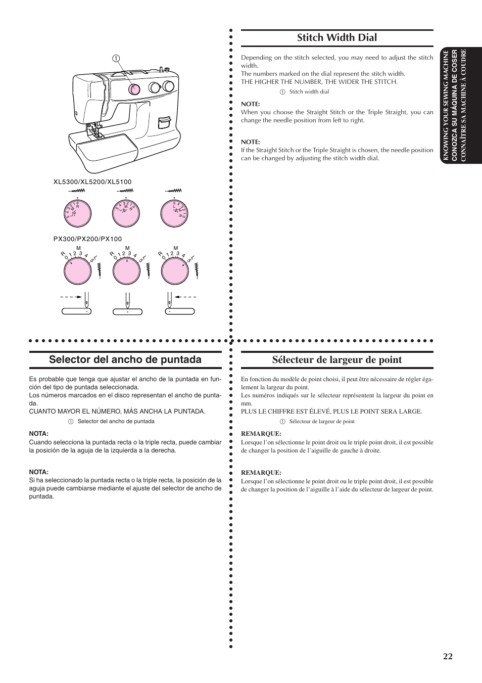 Selector del ancho de puntada, Stitch width dial, Sélecteur de largeur de point | Brother XL5300 User Manual | Page 31 / 88