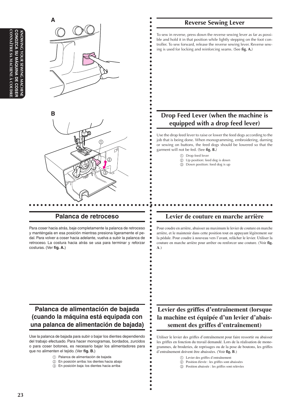Reverse sewing lever, Palanca de retroceso, Levier de couture en marche arrière | Brother XL5300 User Manual | Page 32 / 88