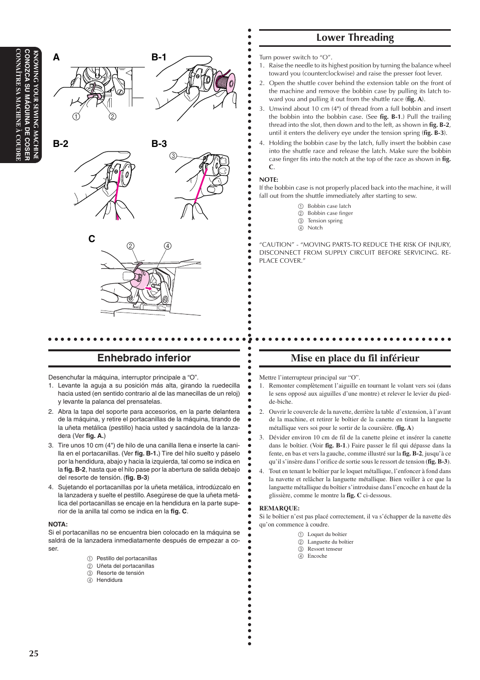 Lower threading, Enhebrado inferior, Mise en place du fil inférieur | Ab-1 b-2 c b-3 | Brother XL5300 User Manual | Page 34 / 88