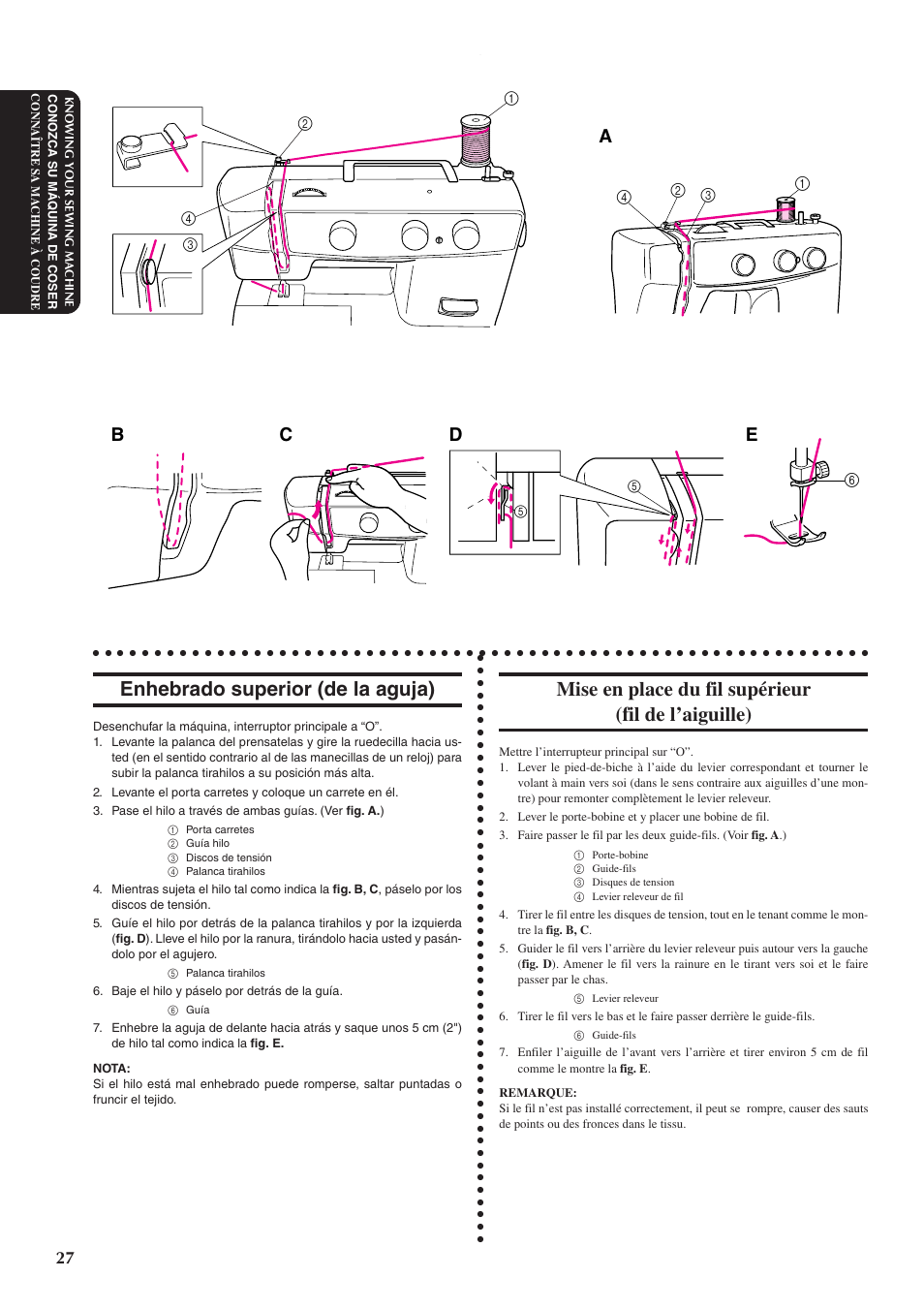 Enhebrado superior (de la aguja), Mise en place du fil supérieur (fil de l’aiguille), Ed b c | Brother XL5300 User Manual | Page 36 / 88