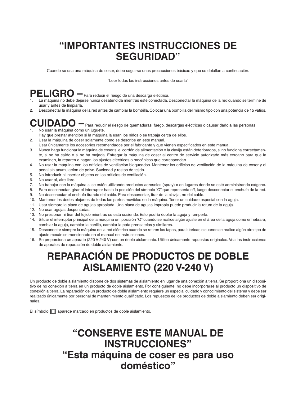 Importantes instrucciones de seguridad, Peligro, Cuidado | Brother XL5300 User Manual | Page 4 / 88