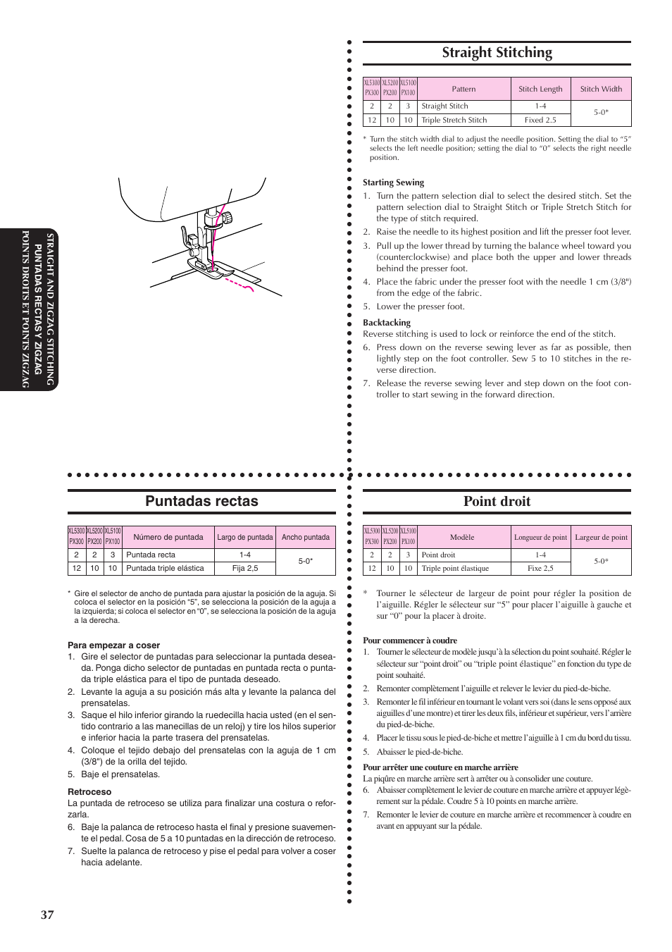 Straight stitching, Puntadas rectas, Point droit | Brother XL5300 User Manual | Page 46 / 88