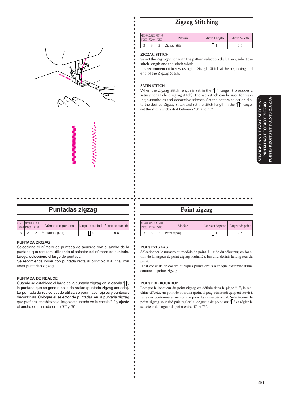 Zigzag stitching, Puntadas zigzag, Point zigzag | Brother XL5300 User Manual | Page 49 / 88