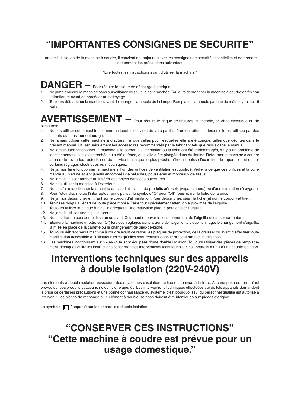 Importantes consignes de securite, Danger, Avertissement | Brother XL5300 User Manual | Page 5 / 88