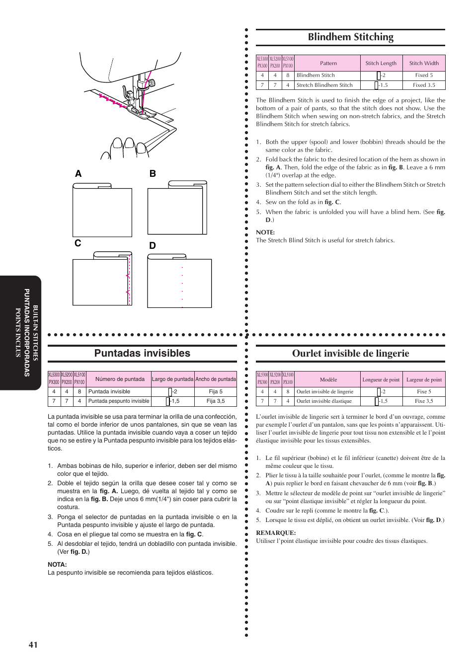 Blindhem stitching, Puntadas invisibles, Ourlet invisible de lingerie | Ab c d | Brother XL5300 User Manual | Page 50 / 88