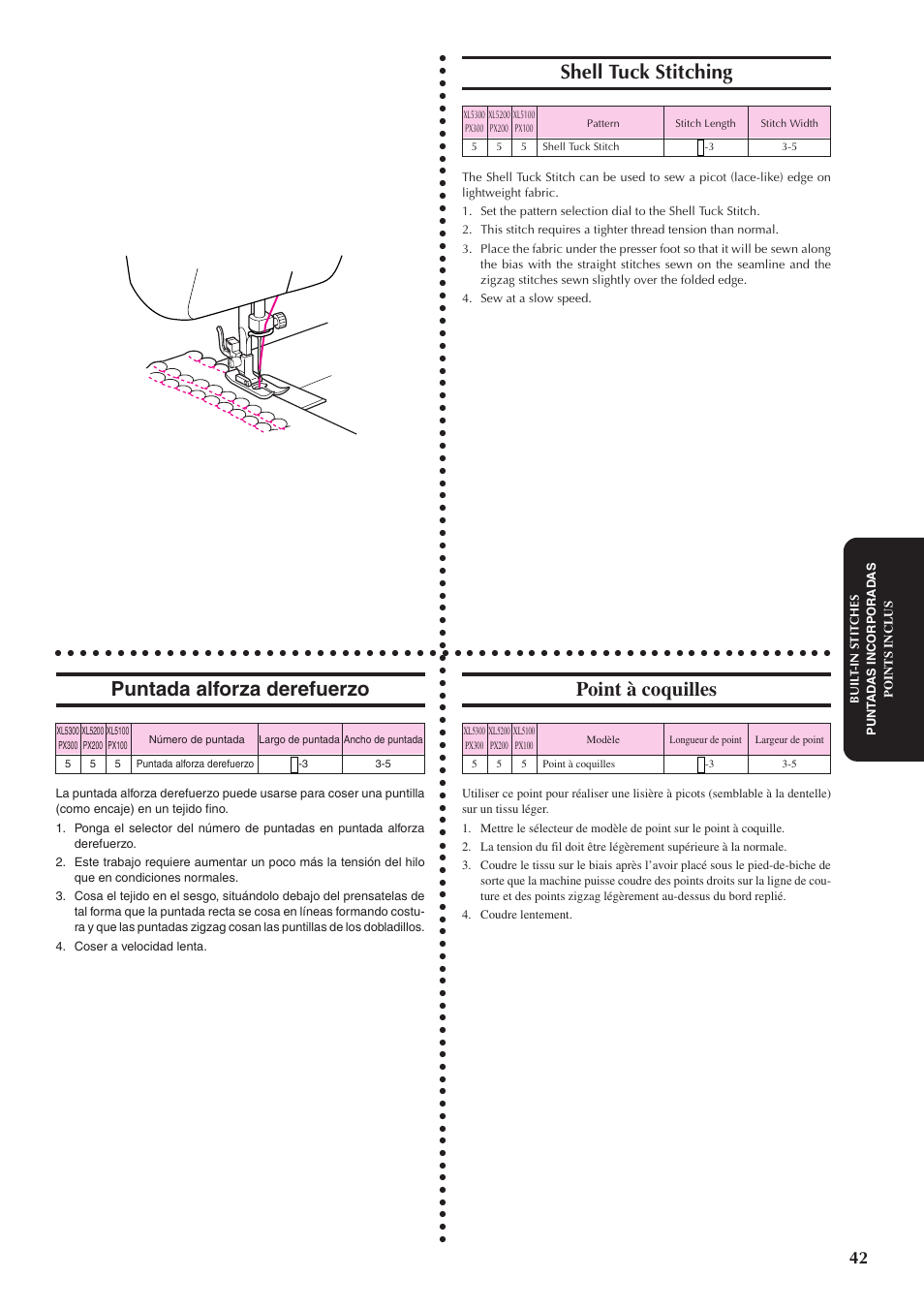 Shell tuck stitching, Puntada alforza derefuerzo, Point à coquilles | Brother XL5300 User Manual | Page 51 / 88