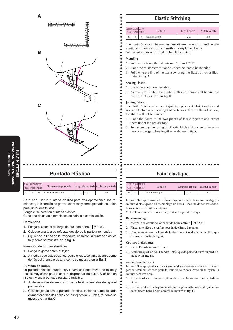 Elastic stitching, Puntada elástica, Point élastique | Ab c | Brother XL5300 User Manual | Page 52 / 88