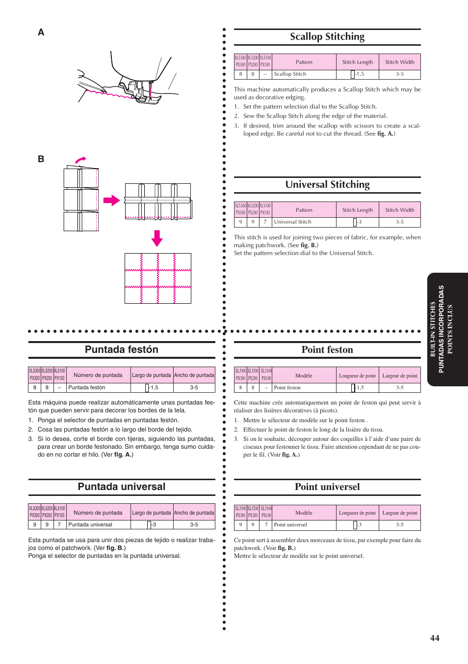 Scallop stitching, Universal stitching, Puntada festón | Puntada universal, Point feston, Point universel | Brother XL5300 User Manual | Page 53 / 88