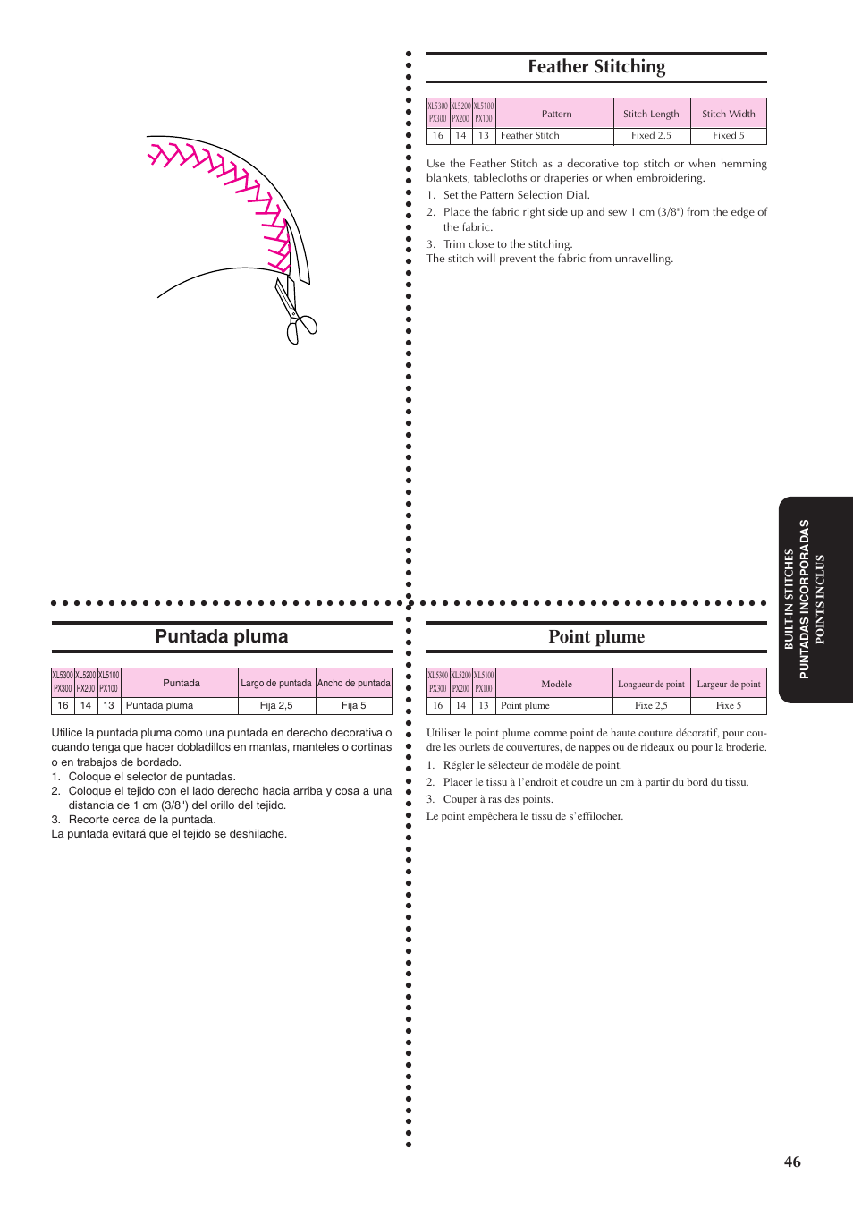 Feather stitching, Puntada pluma, Point plume | Brother XL5300 User Manual | Page 55 / 88