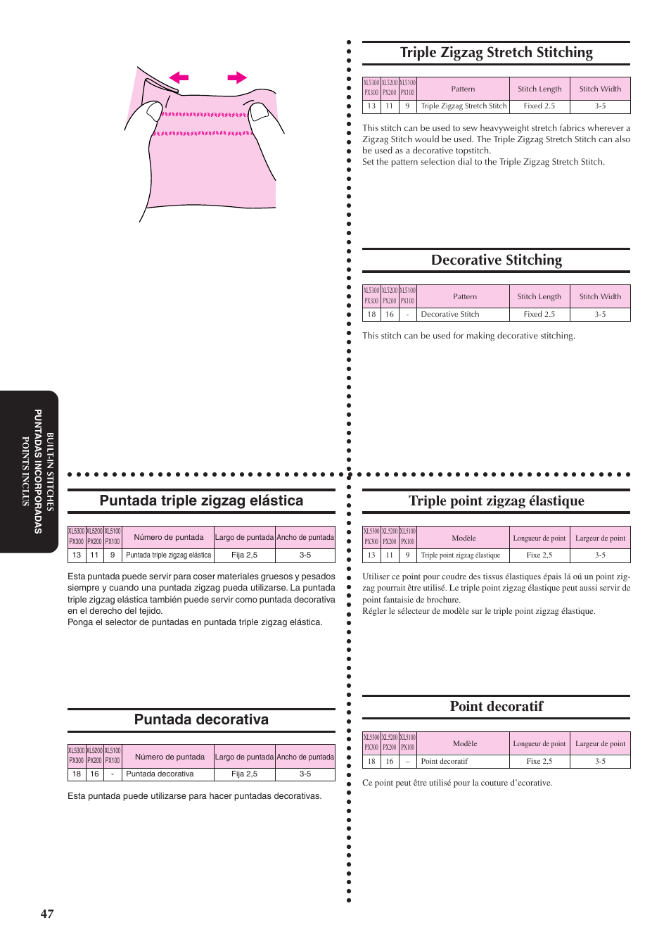 Triple zigzag stretch stitching, Puntada triple zigzag elástica, Decorative stitching | Puntada decorativa, Triple point zigzag élastique, Point decoratif | Brother XL5300 User Manual | Page 56 / 88