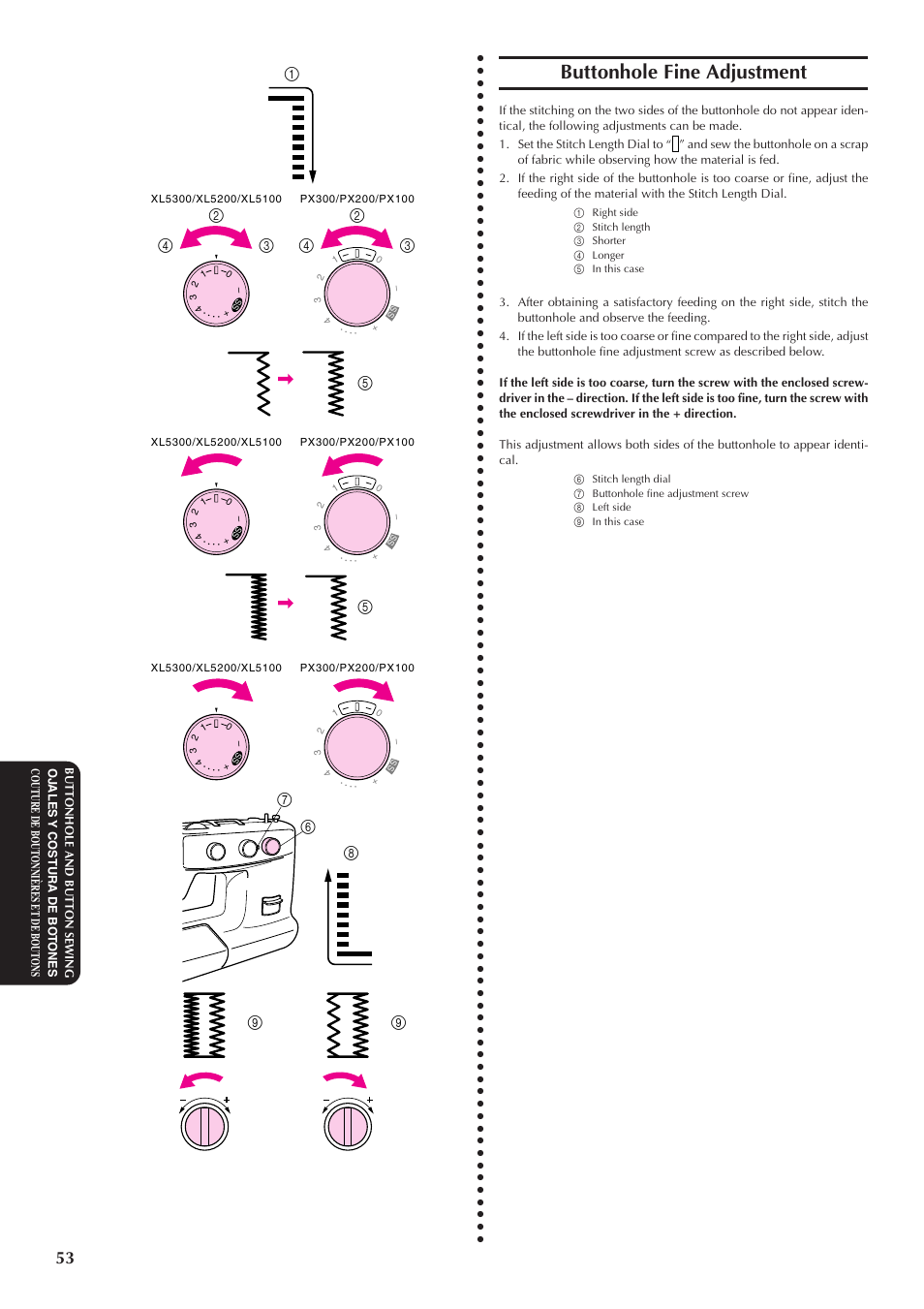 Buttonhole fine adjustment | Brother XL5300 User Manual | Page 62 / 88